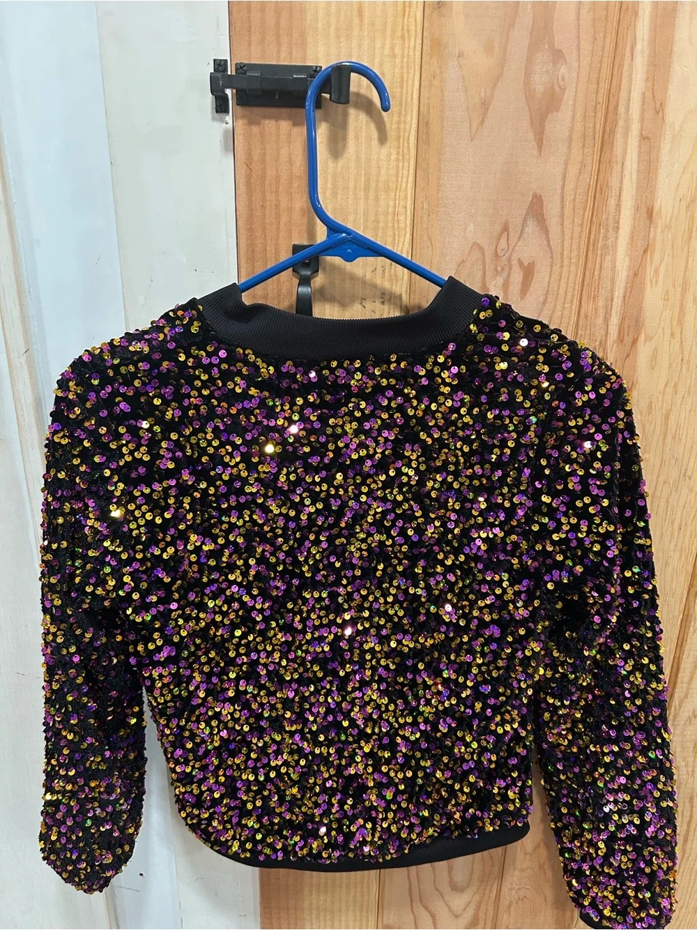 Girls Sequin Embellished Black Bomber Jacket with Purple & Gold Accents